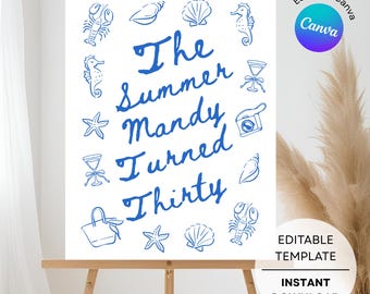 Editable 30th 40th 50th Beach Birthday Party Sign The summer I turned thirty welcome sign Beach theme party decor Custom Coastal Birthday