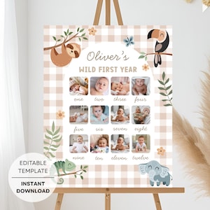 Editable Wild First Year Birthday Photo Milestone Sign Safari 1st Birthday Photo Milestone Poster Template Jungle Birthday Printable Decor