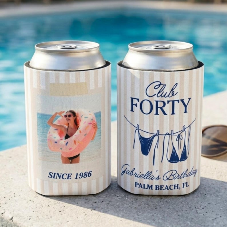 May include: Two can coolers with a beige and white striped pattern. One cooler has a photo of a woman with a pink donut float and the text "SINCE 1986". The other cooler says "Club FORTY" with a bikini graphic.