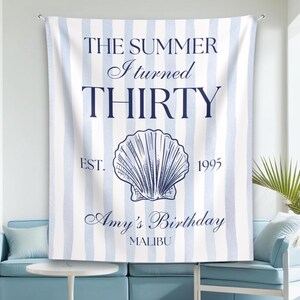 Personalised 30th 40th 50th Beach Birthday Backdrop The Summer I turned fifty banner Summer Birthday Party decor Tapestry coastal Birthday