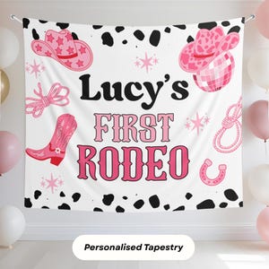 Personalised Girls First Rodeo Birthday Party Banner Sign Custom Cow Girl Western Theme Birthday Backdrop Lets go Girls 1st Birthday Decor