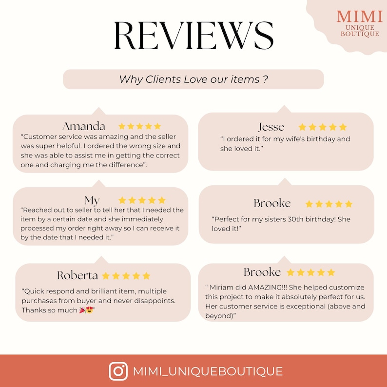 May include: A graphic featuring customer reviews for Mimi Unique Boutique. The word "REVIEWS" is at the top, with customer testimonials below. The reviews are in a light beige color with a pinkish-orange border. The Mimi Unique Boutique logo is in the upper right corner.