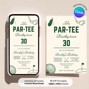 Golf themed birthday invitation with clean ivory and green layout, editable template for men’s milestone birthday party