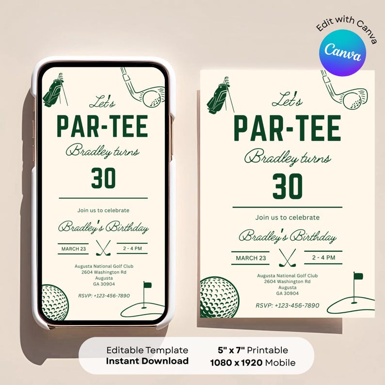 Golf themed birthday invitation with clean ivory and green layout, editable template for men’s milestone birthday party