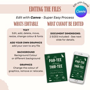 May include: An image promoting the use of Canva for editing files. The text highlights what is editable, including text, graphics, and background. A golf-themed birthday invitation is displayed on a phone and card.