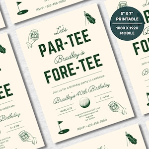 May include: Cream-colored invitation with green text and illustrations for a golf-themed birthday party. The invitation reads "Let's PAR-TEE FORE-TEE" and includes details for a 40th birthday celebration. The invitation is 5" x 7" and printable.