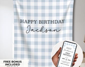 Personalised Boys Birthday Banner Gingham Party Backdrop Sign Any Age Custom Birthday Sign 1st 2nd 3rd Birthday Decoration for Kids Party
