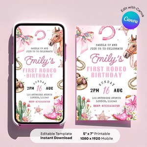 Editable Any Age Girl Rodeo Birthday Party Invitation Western theme editable invite template Cowgirl Party Wild West My First Rodeo Birthday