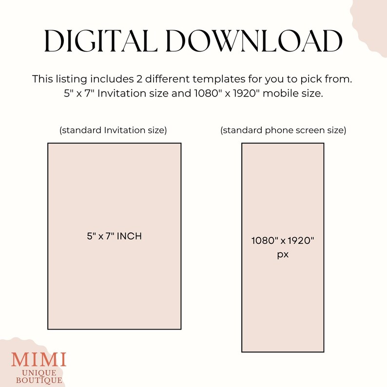 以下が含まれることがあります： 2 つのテンプレートを備えたデジタルダウンロードグラフィック: 12.7 cm x 17.8 cm の招待状サイズと 2743 mm x 4877 mm のモバイルサイズ。テキストは「デジタルダウンロード」と「このリストには、選択できる 2 つの異なるテンプレートが含まれています」と表示されます。