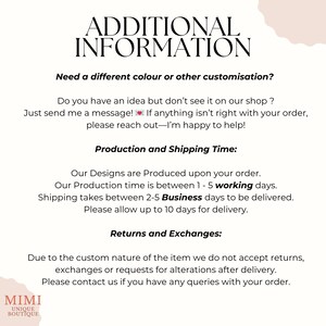May include: White background with black text providing additional information. Text includes customization options, production and shipping times, and return policies. The Mimi Unique Boutique logo is at the bottom.