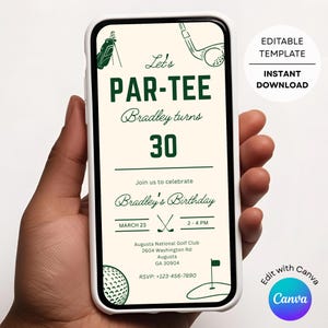 Digital golf birthday invitation template for phone or print, editable design with personalised details for party celebration
