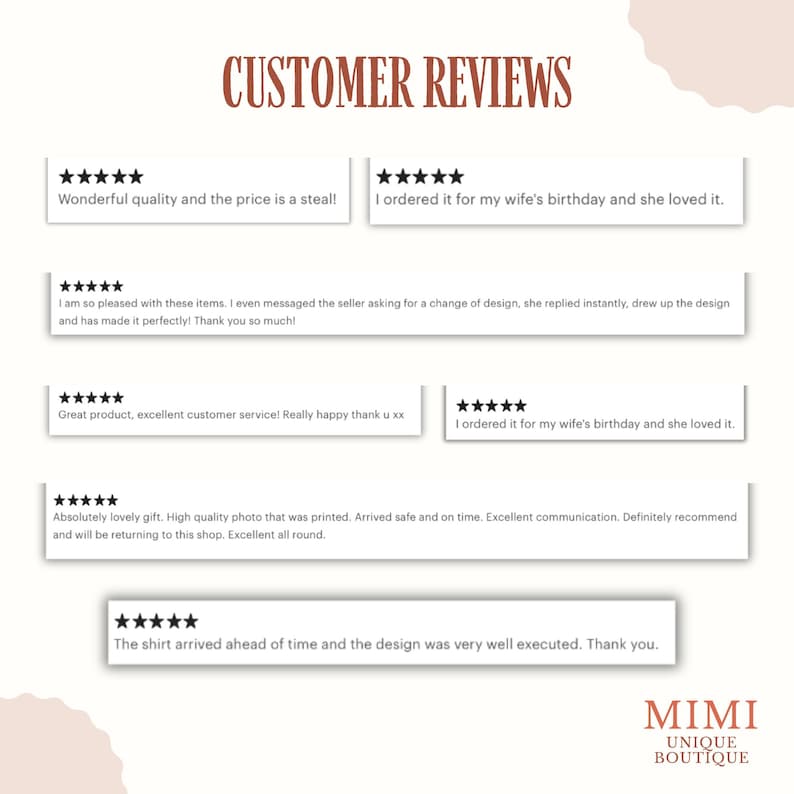 Puede incluir: Gr&aacute;fico que muestra rese&ntilde;as de clientes con calificaciones de cinco estrellas. El texto incluye comentarios positivos sobre la calidad del producto, el servicio al cliente y la entrega oportuna. El logotipo de la tienda, "MIMI UNIQUE BOUTIQUE", est&aacute; en la parte inferior.