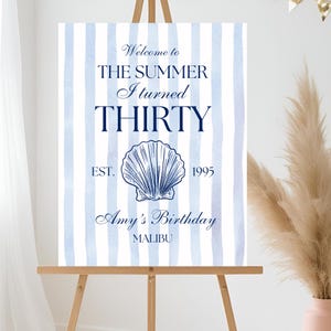 Puede incluir: Un letrero sobre un caballete con rayas azules y blancas. El letrero dice "Welcome to THE SUMMER I turned THIRTY" con un gráfico de concha y "Amy's Birthday MALIBU". El letrero es para una celebración de 30 cumpleaños.