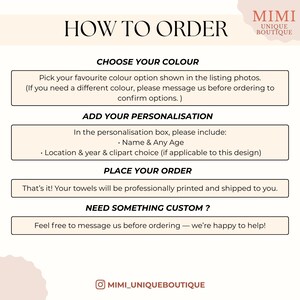 May include: A graphic with instructions on how to order from Mimi Unique Boutique. The text includes steps to choose a color, add personalization with name, age, location, and clipart, and place the order. The boutique's logo is in the top right corner.