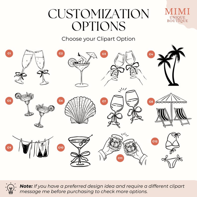 May include: A collection of black and white clipart options for customization, including champagne glasses, cocktails, wine glasses, palm trees, a seashell, beach chairs, and swimwear. Text reads "CUSTOMIZATION OPTIONS" and "Choose your Clipart Option."
