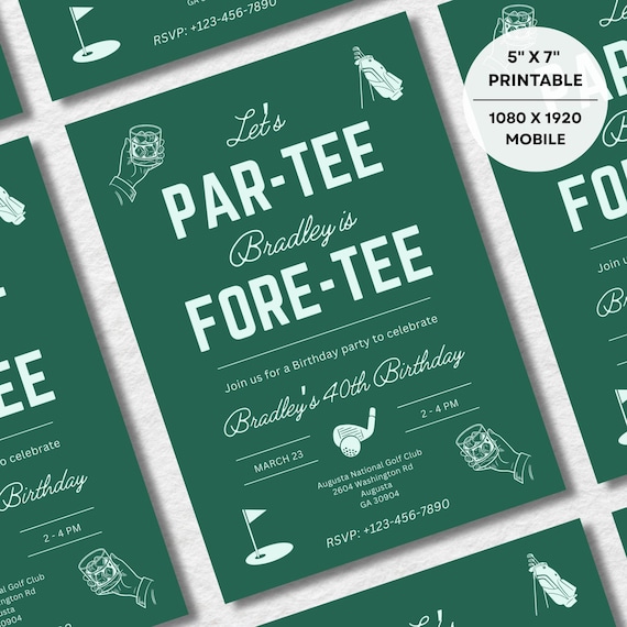 Editable Golf themed 40th birthday invite Fore-tee party invitation mens golf birthday party digital mobile invite 30th golf birthday decor