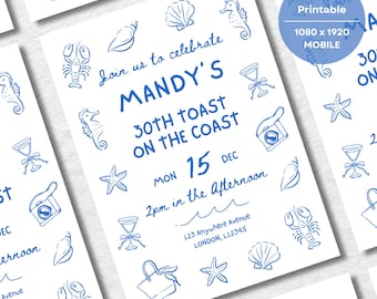 Editable Beach Birthday Party Invite Canva Template 30th 40th 50th beach theme party coastal invitations 30th toast on the coast girls trip