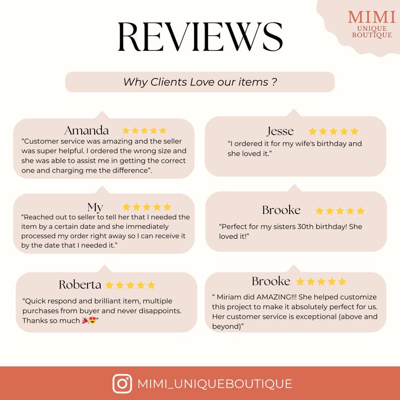 May include: A cream-colored graphic with the word "REVIEWS" in large, black letters. Below, customer testimonials are displayed in rounded rectangles, each with a customer name, star rating, and quote. The Mimi Unique Boutique logo is in the upper right corner and the bottom.
