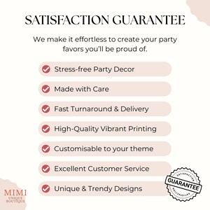 May include: A cream-colored graphic with the text "SATISFACTION GUARANTEE" and a list of features including "Stress-free Party Decor" and "Unique & Trendy Designs." A small logo for "MIMI UNIQUE BOUTIQUE" is in the bottom left corner.