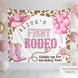 Custom Name Girls First rodeo birthday backdrop Western Theme Custom Birthday Party Banner Cow Girl Pink Kids Birthday Wall Tapestry Decor