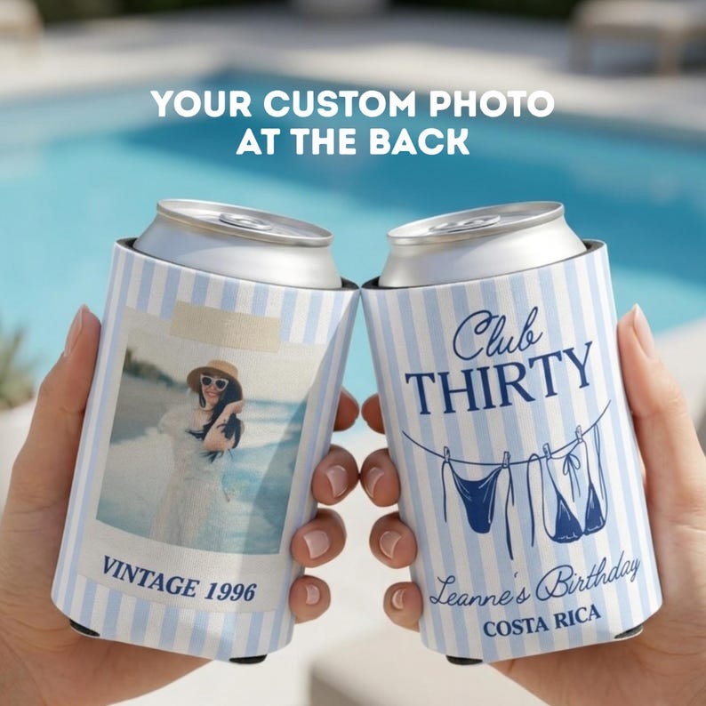 Custom Beach Birthday custom photo Can cooler her 30th 40th 50th 60th Coastal Party favor Birthday Club can holder pool party favor idea image 1
