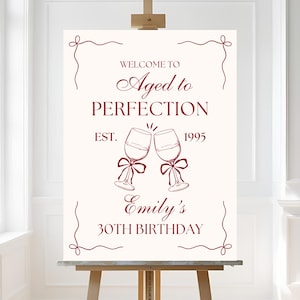 Editable Wine Theme Birthday Welcome sign Aged to Perfection 30th 40th 50th decorations any age welcome sign canva template wine party decor
