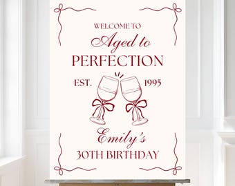 Editable Wine Theme Birthday Welcome sign Aged to Perfection 30th 40th 50th decorations any age welcome sign canva template wine party decor