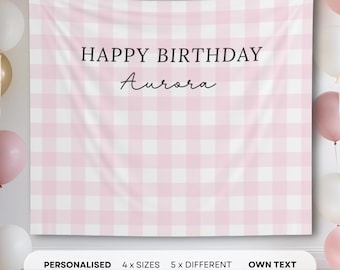 Personalised Pink Girls Birthday Banner Gingham Party Backdrop happy birthday wall sign Any age banner girls 1st birthday banner pink decor