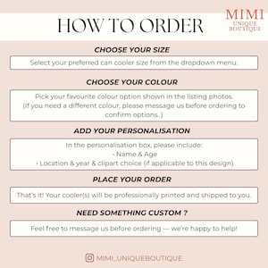 May include: A graphic with instructions on how to order a custom can cooler. The steps include choosing a size and color, adding personalization details like name and age, and placing the order. The Mimi Unique Boutique logo is in the top right corner.
