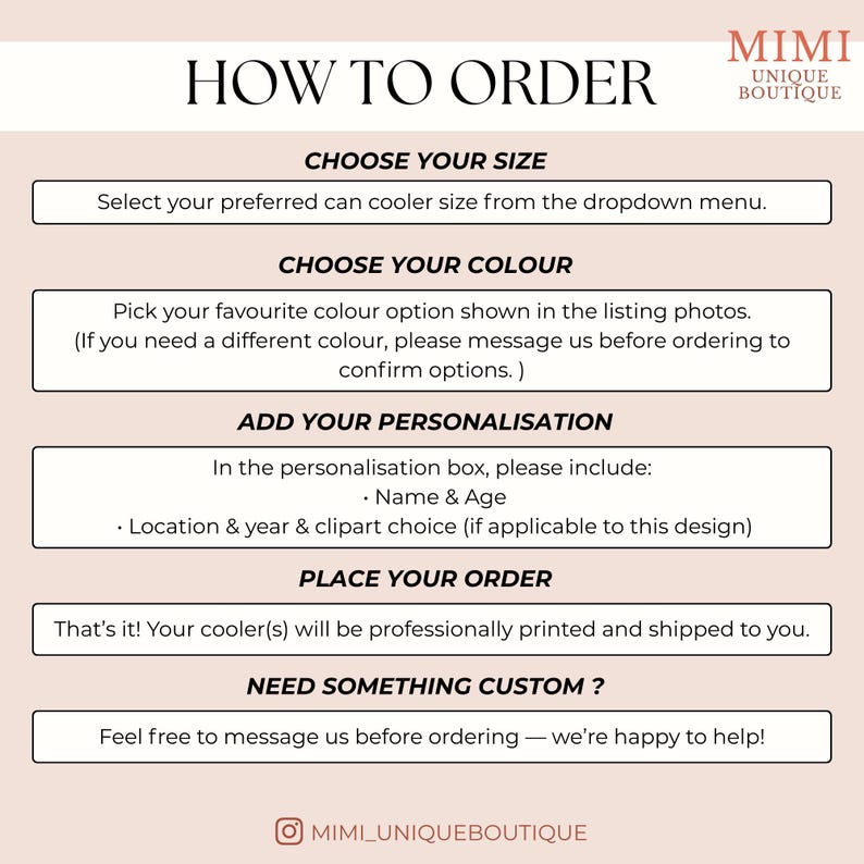 May include: A graphic with instructions on how to order a custom can cooler. The steps include choosing a size and color, adding personalization details like name and age, and placing the order. The Mimi Unique Boutique logo is in the top right corner.