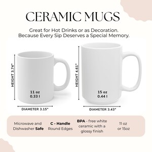 May include: Two white ceramic mugs with C-handles are displayed, one 3.74" high and 3.15" in diameter, the other 4.61" high and 3.43" in diameter. The mugs are microwave and dishwasher safe, BPA-free, and have a glossy finish. Text reads "CERAMIC MUGS".