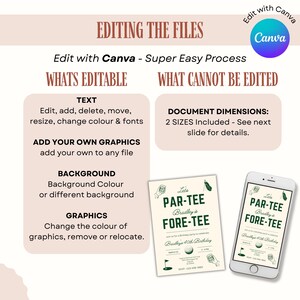 May include: A digital design template with the text "Editing the Files" and "Edit with Canva". The image shows editable elements like text and graphics, and a sample invitation design on a phone and card.