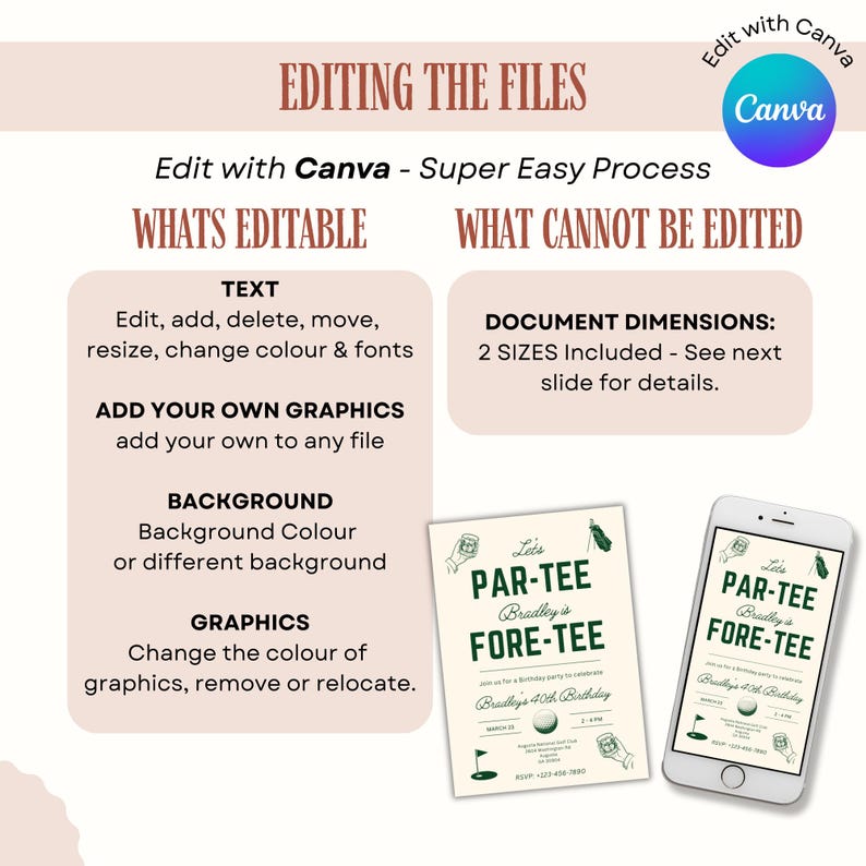 May include: A digital design template with the text "Editing the Files" and "Edit with Canva". The image shows editable elements like text and graphics, and a sample invitation design on a phone and card.