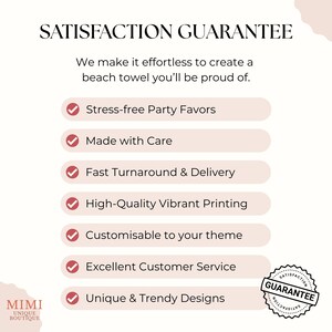 May include: A graphic with the text "SATISFACTION GUARANTEE" and a list of features including "Stress-free Party Favors" and "Unique & Trendy Designs." The Mimi Unique Boutique logo is in the bottom left corner.
