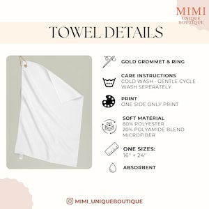 May include: White towel with a gold grommet and ring. The towel is made of soft material, 80% polyester and 20% polyamide blend microfiber. The towel is 16" x 24" and absorbent. The care instructions are cold wash, gentle cycle, and wash separately.