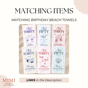 May include: Collection of matching birthday beach towels with vertical stripes in various colors. Each towel features a different age, name, and design, such as cocktails, champagne glasses, and swimwear. The towels are labeled "Club Thirty," "Club Fifty," and "Club Forty."