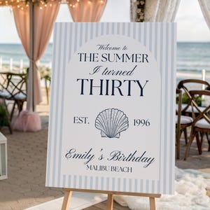 Może przedstawiać: Biały znak z niebieskimi pionowymi paskami i tekstem "Welcome to THE SUMMER I turned THIRTY" z grafiką muszli. Znak zawiera również napis "Emily's Birthday MALIBU BEACH" i jest wyświetlany na drewnianym sztaludze.