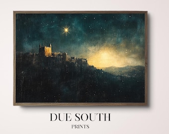 May include: A painting of a city skyline at night with a bright star in the sky. The city is on a hill and there are mountains in the background. The painting has a vintage, textured look.