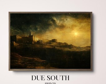 May include: A vintage-style painting of a city skyline with a bright sun shining in the sky. The city is surrounded by a wall and there are hills in the background. The painting has a textured, faded look.