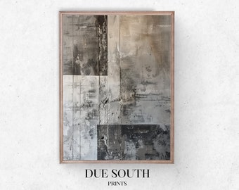 May include: Abstract art print with a geometric design in shades of gray and brown. The print is framed in a light wood frame. The text "DUE SOUTH PRINTS" is below the frame.