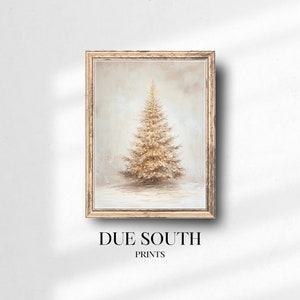 impression d'arbre de Noël vintage, art mural imprimable décor de carte, cadeau de vacances antique neutre, peinture d'hiver, impression de ferme téléchargeable