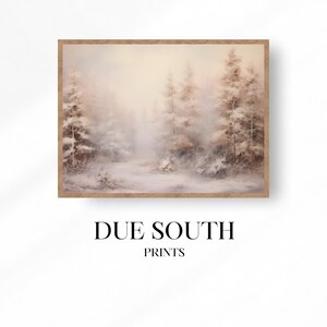 Vintage winter pine forest Christmas painting, rustic snowy landscape art print, living room decor, digital download, printable art
