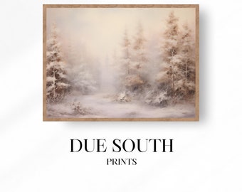 Vintage Winter Pine Forest Painting: Rustic Snowy Landscape Art (Digital Download)