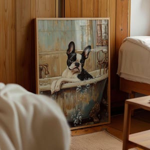 Dogs In The Bathtub Painting, Boston Terrier Print, Gift-Printable, Funny Bathroom Decor, Puppy Gifts, Printable Wall Art Decor
