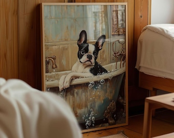 Boston Terrier in Bathtub Print: Funny Bathroom Dog Art (Digital Download