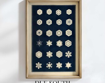 Snowflake Art Print, Simple Star Crystal Diagram, Vintage Winter Poster, Digital Download