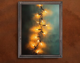 May include: A framed painting of a string of warm white Christmas lights hanging against a blue and green background.
