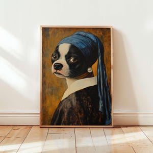 Funny Boston Terrier Print, Girl With A Pearl Earing Painting, Bathroom Decor, Altered Art Wall Art, Gift-Printable, Downloadable Art Prints