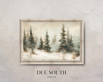 Vintage Winter Forest Painting: Snowy Fir Tree Art (Digital Download)