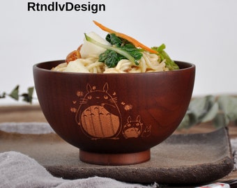 Handcrafted Wooden Ghibli Bowl - Japanese Totoro Style Serving Bowl for Women's Fashion - Unique Ramen Noodles Bowl - Eco-Friendly Wood Dish